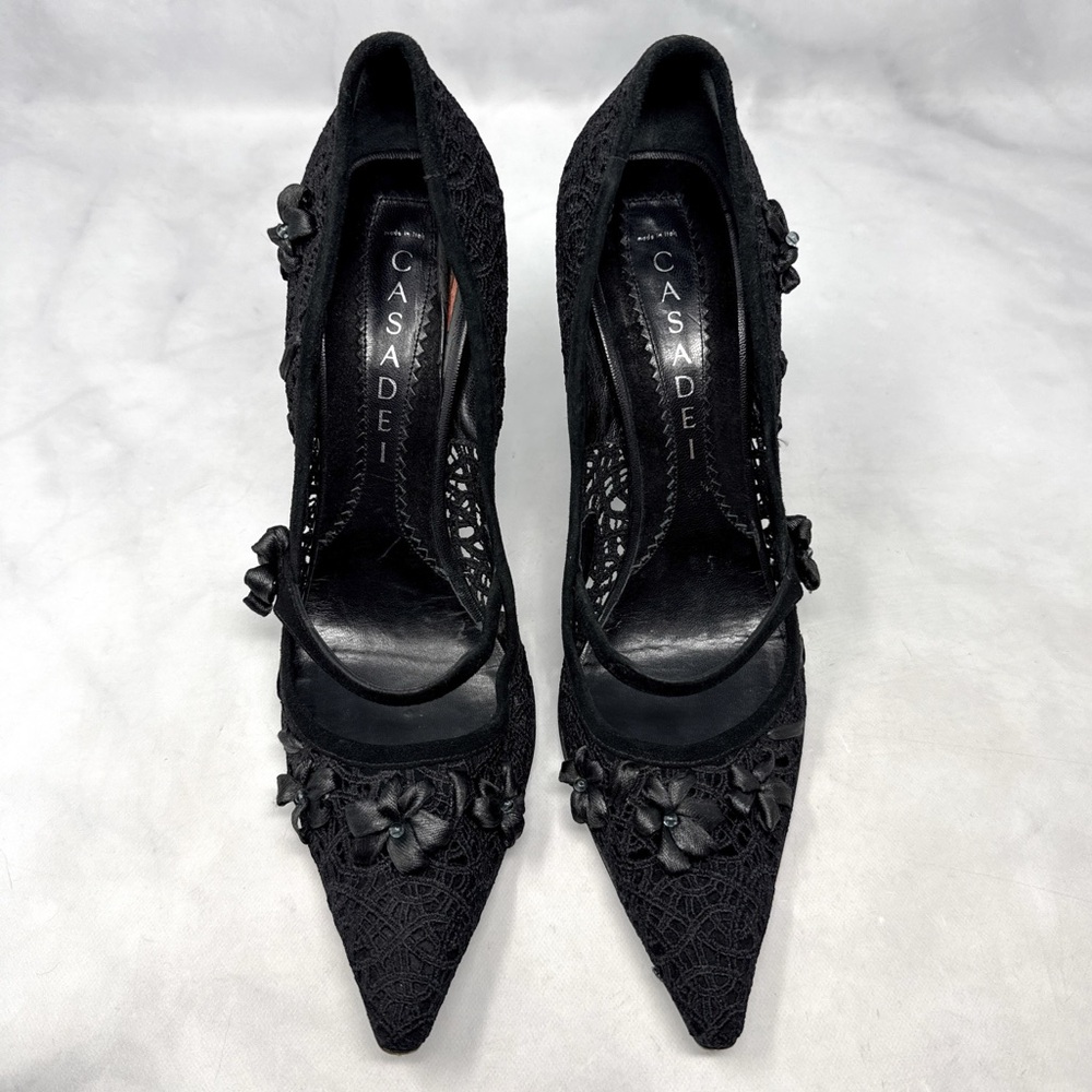 CASADEI Vintage 90s Y2K Crochet Floral Mary Jane Pointed Toe Pump Heels Black 9